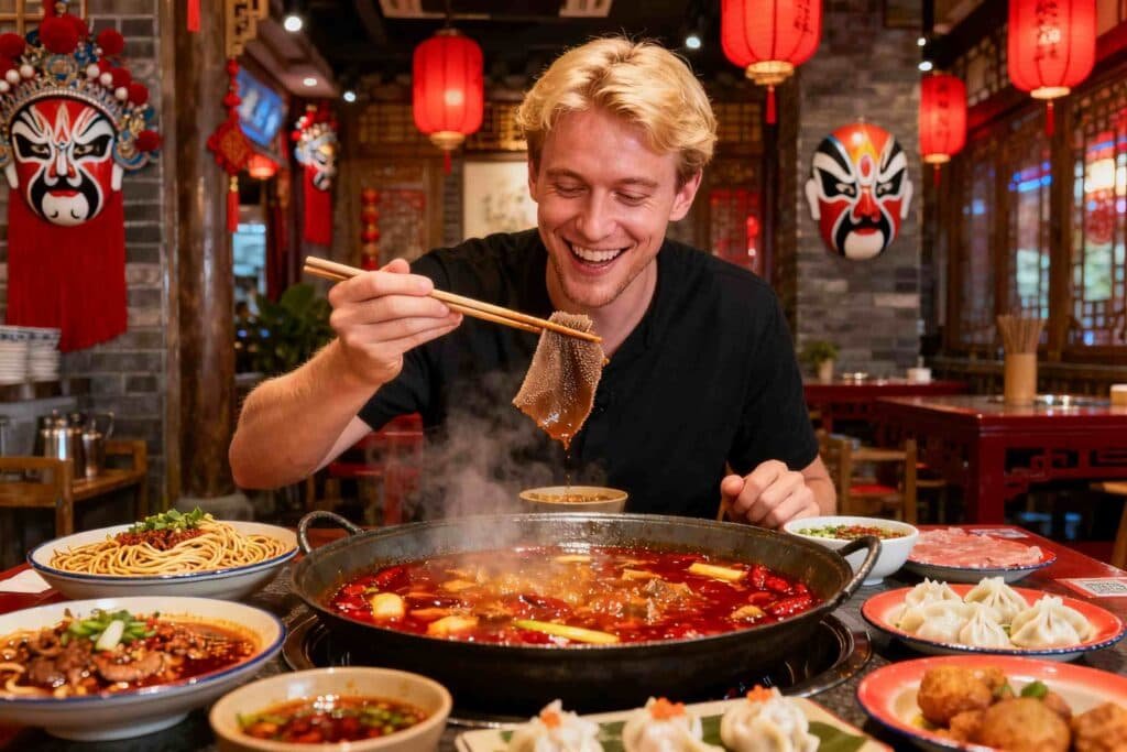 A foreign guy eats delicious food in Chengdu A foreign guy eats delicious food in Chengdu