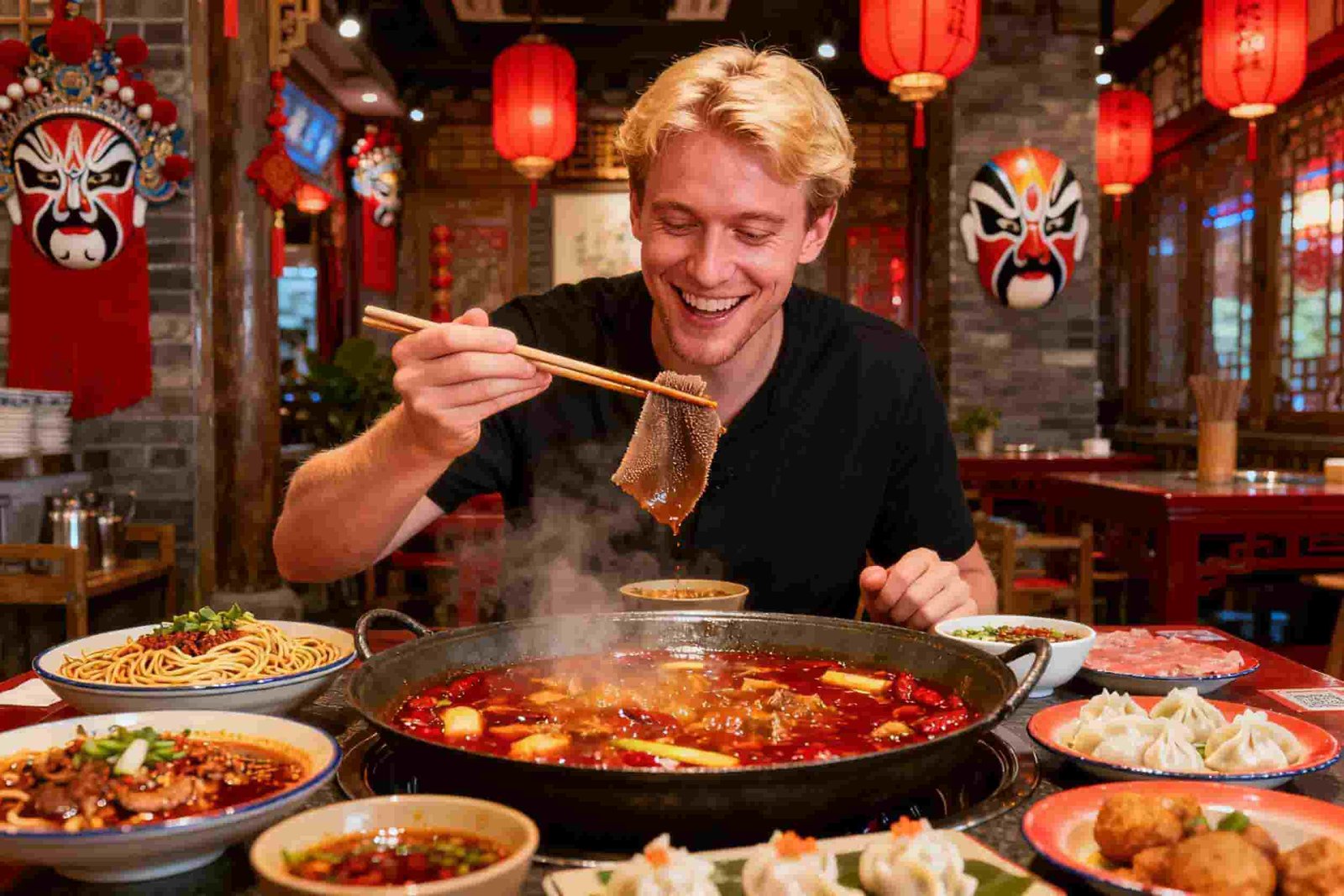 A foreign guy eats delicious food in Chengdu