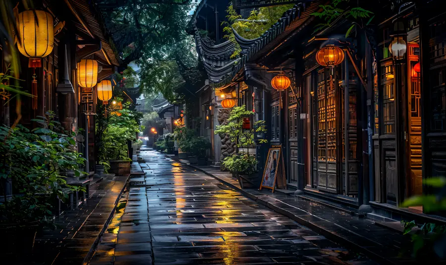 Chengdu weather rainy street