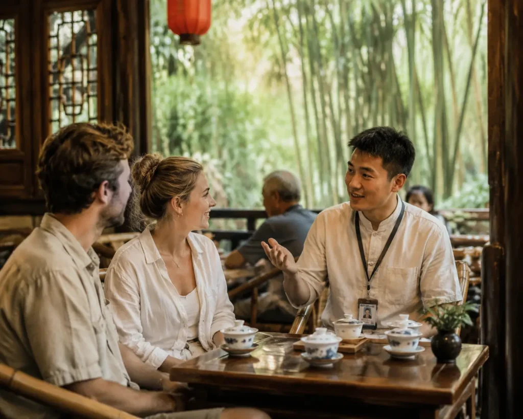 Licensed guide with travelers in Chengdu tea house