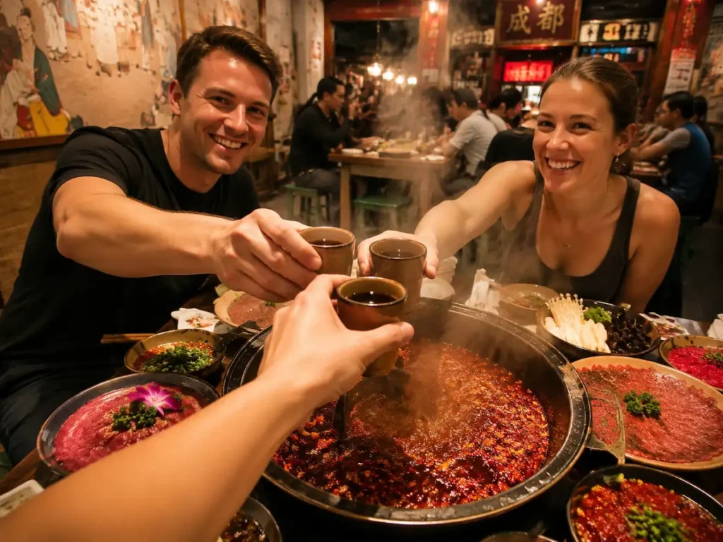 Sharing hot pot with friends in Chengdu