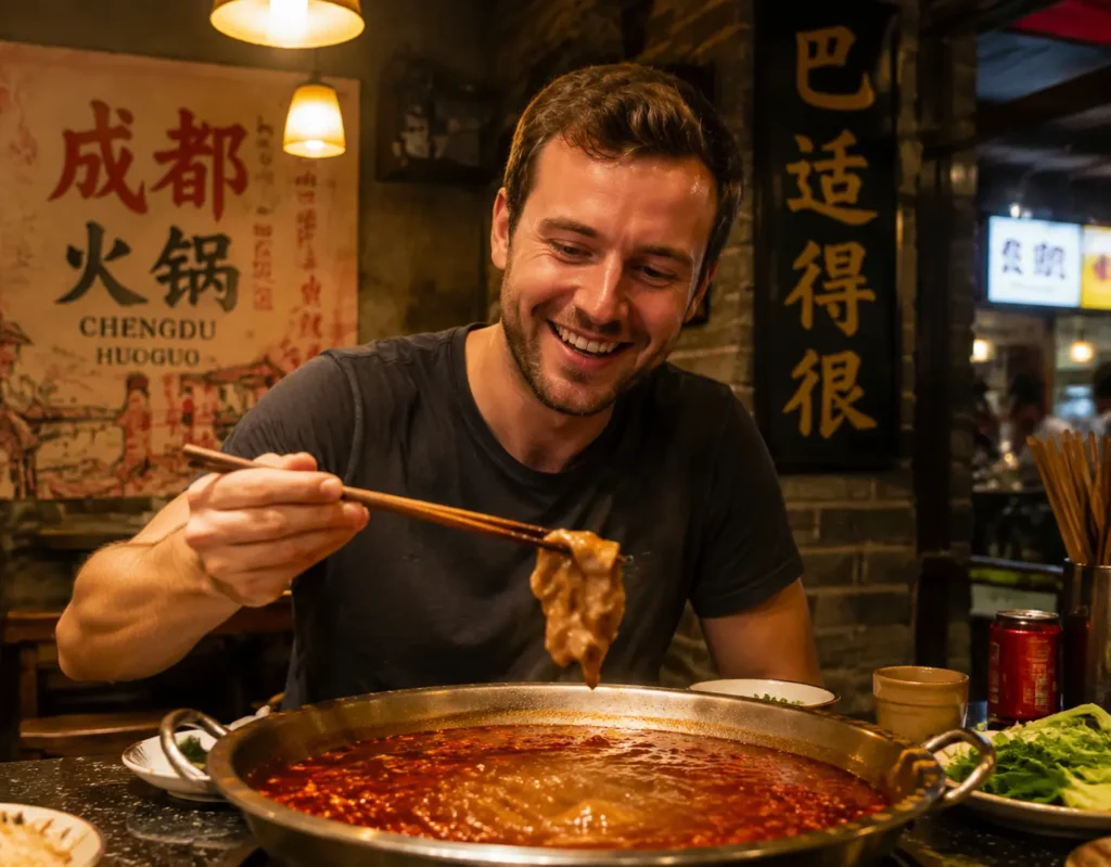 Traveler enjoying authentic hot pot in Chengdu