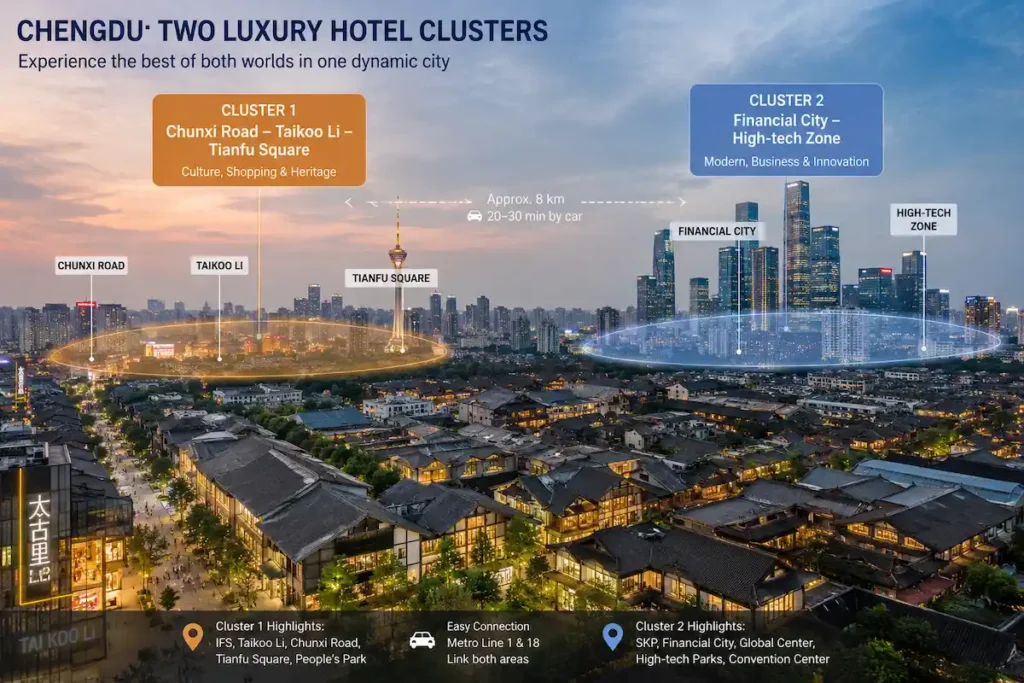 Chengdu skyline Taikoo Li heritage district and Financial City high-rises luxury hotels chengdu