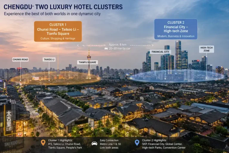 Chengdu skyline Taikoo Li heritage district and Financial City high-rises luxury hotels chengdu