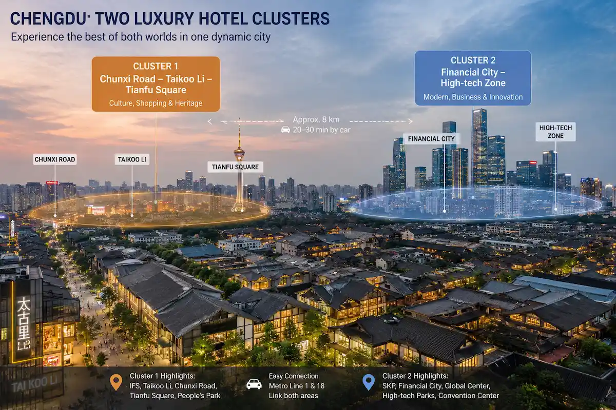 Chengdu skyline Taikoo Li heritage district and Financial City high-rises luxury hotels chengdu