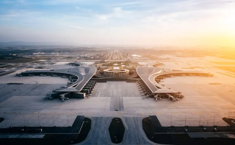 Modern terminal of Chengdu airport TFU at golden hour