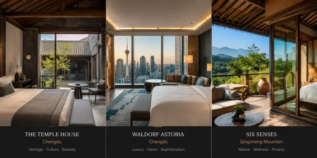 The Temple House courtyard Waldorf Astoria skyline Six Senses villa luxury hotels chengdu